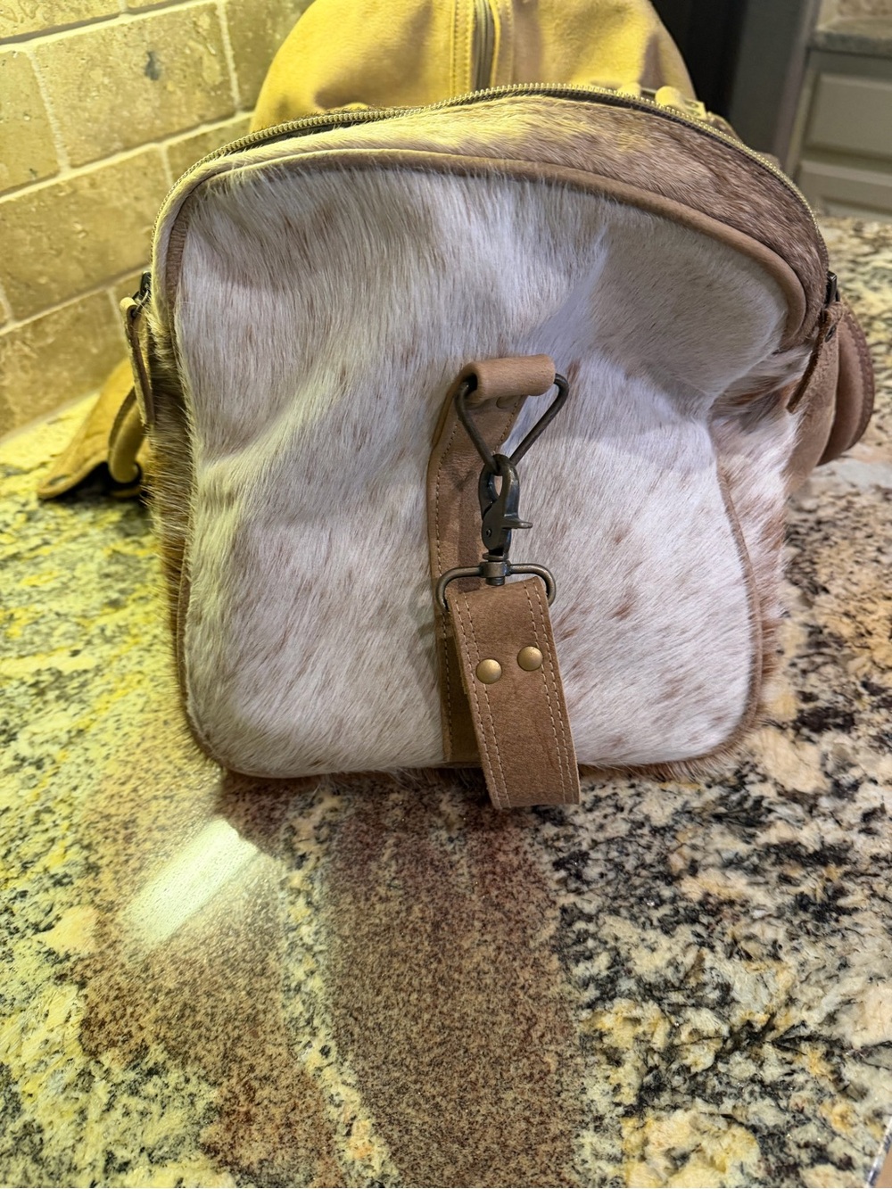 Myra Bag Tan Leather & Brown White Cowhide Weekender Bag - Picture 3 of 11
